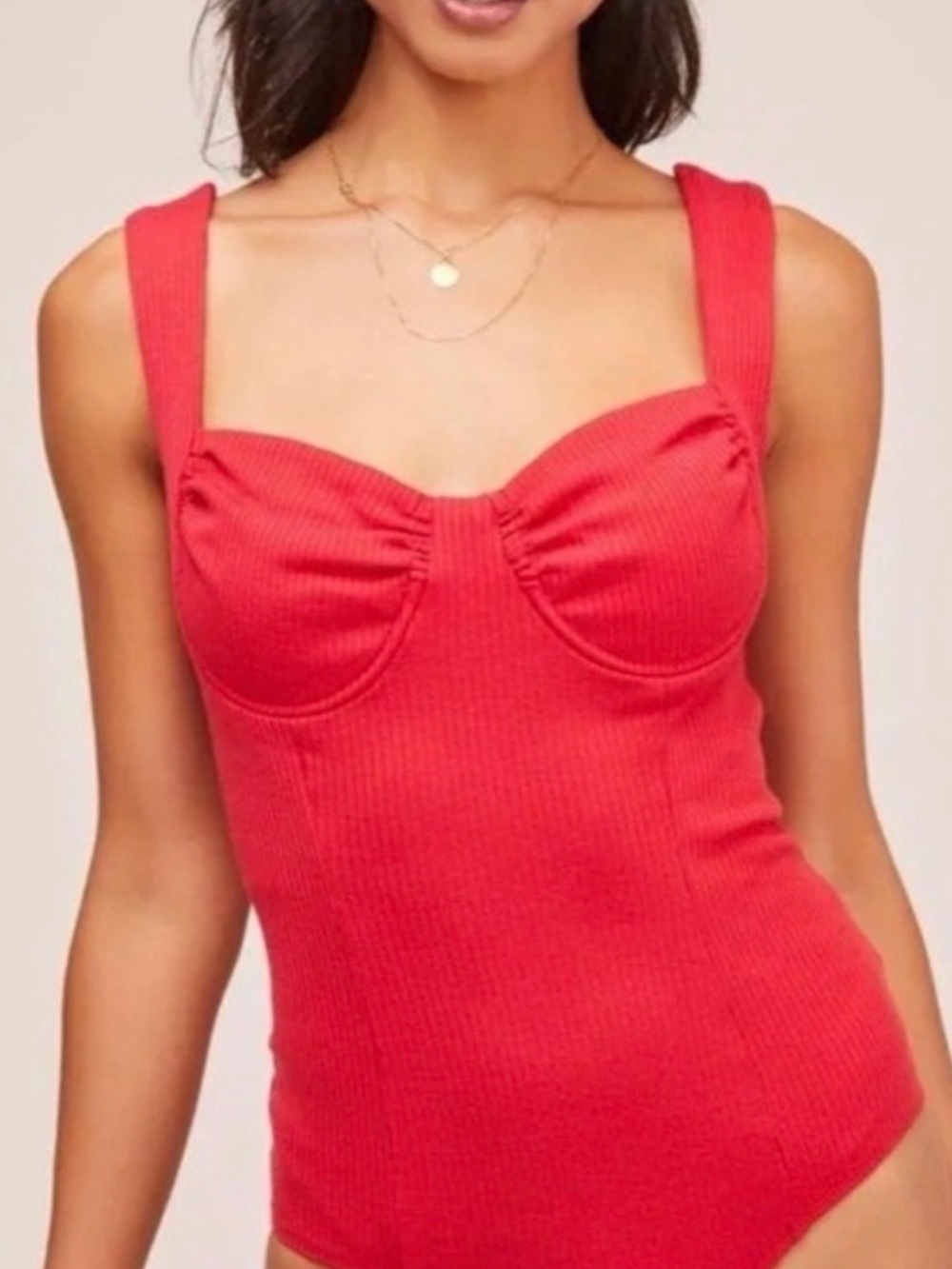 NWT Women’s ASTR The Label Red Ribbed Bodysuit Outlined Bust U-Wire Size Medium